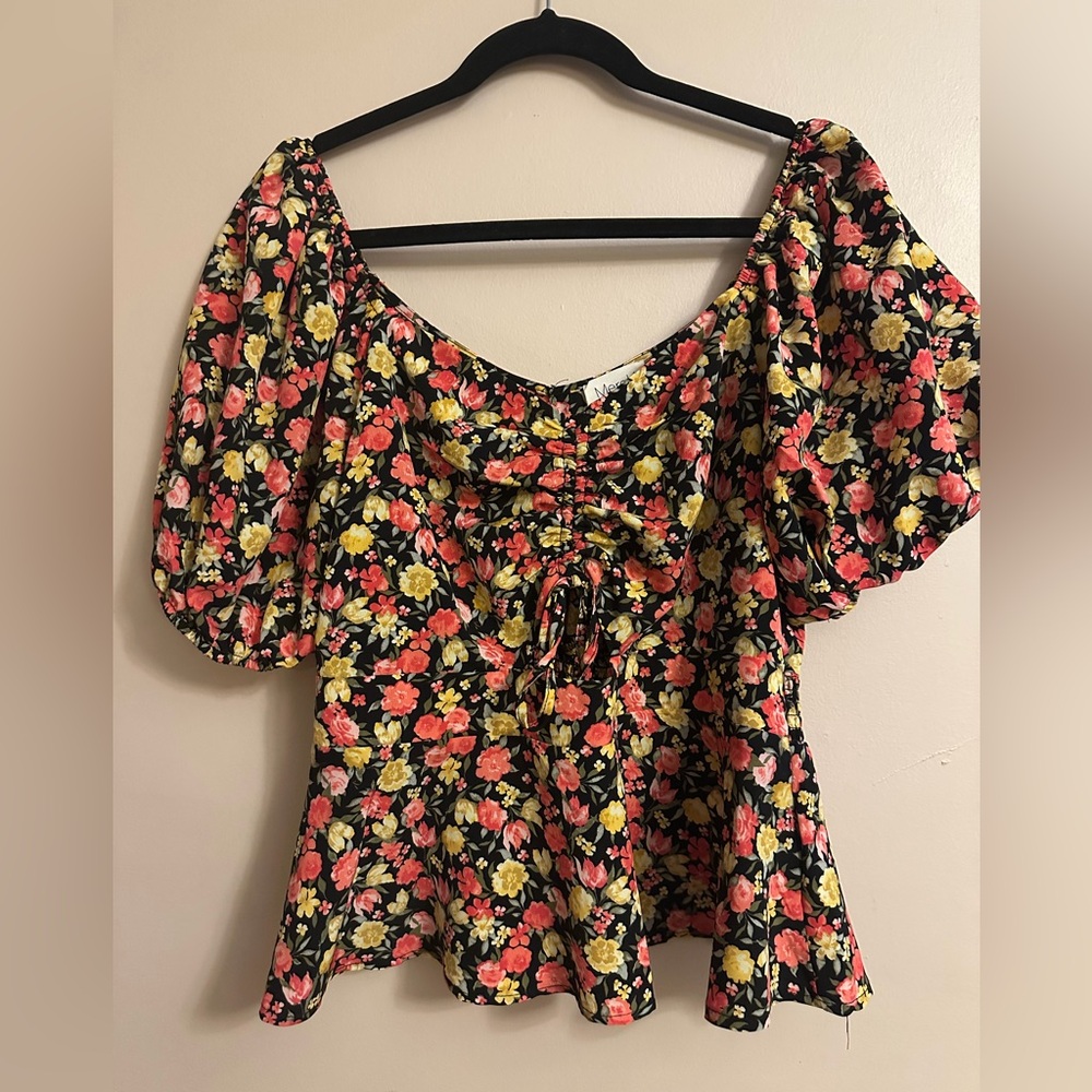 Meraki Floral Puff Sleeve Blouse - Black, Yellow, Pink